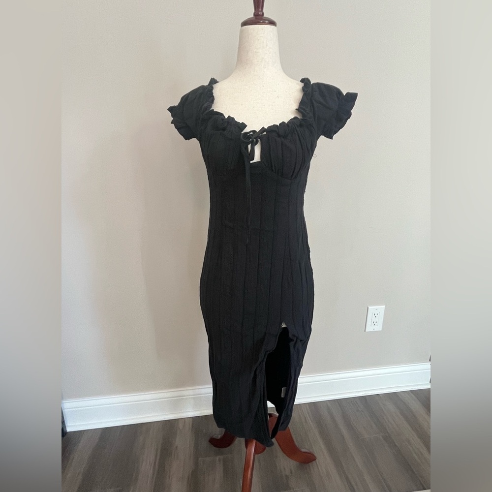 Black Ruched Midi Dress with Tie Front
